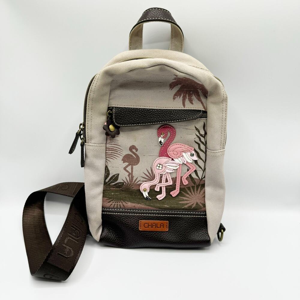 CHALA FLAMINGO BIRD RFID CANVAS SLING BAG BACKPACK TOTE GRAY PINK